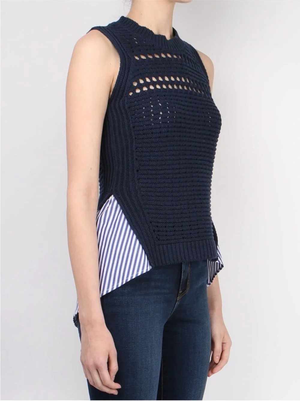 Veronica Beard Navy Par Sleeve Combo Sleeveless Sweater Top
